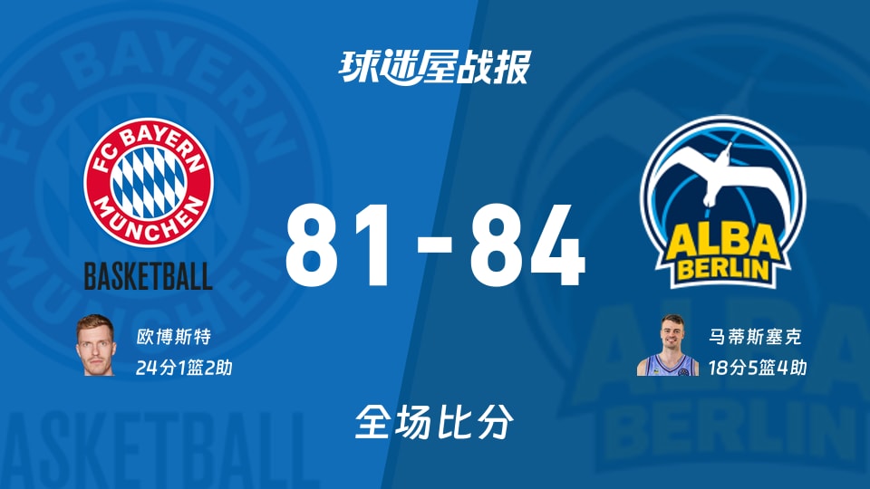 德篮甲季后赛:ALBA柏林以84-81战胜拜仁慕尼黑,马蒂斯塞克18+5+4